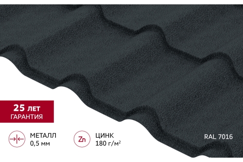 Металлочерепица "Камея" ("Kamea") v02 0,5 Satin Matt RAL 7016 антрацитово-серый