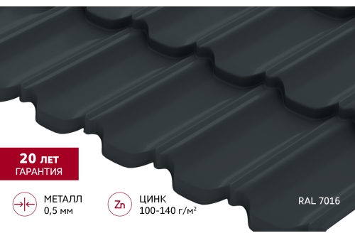 Металлочерепица "Квинта Уно" ("Kvinta Uno") 0,5 Satin RAL 7016 антрацитово-серый