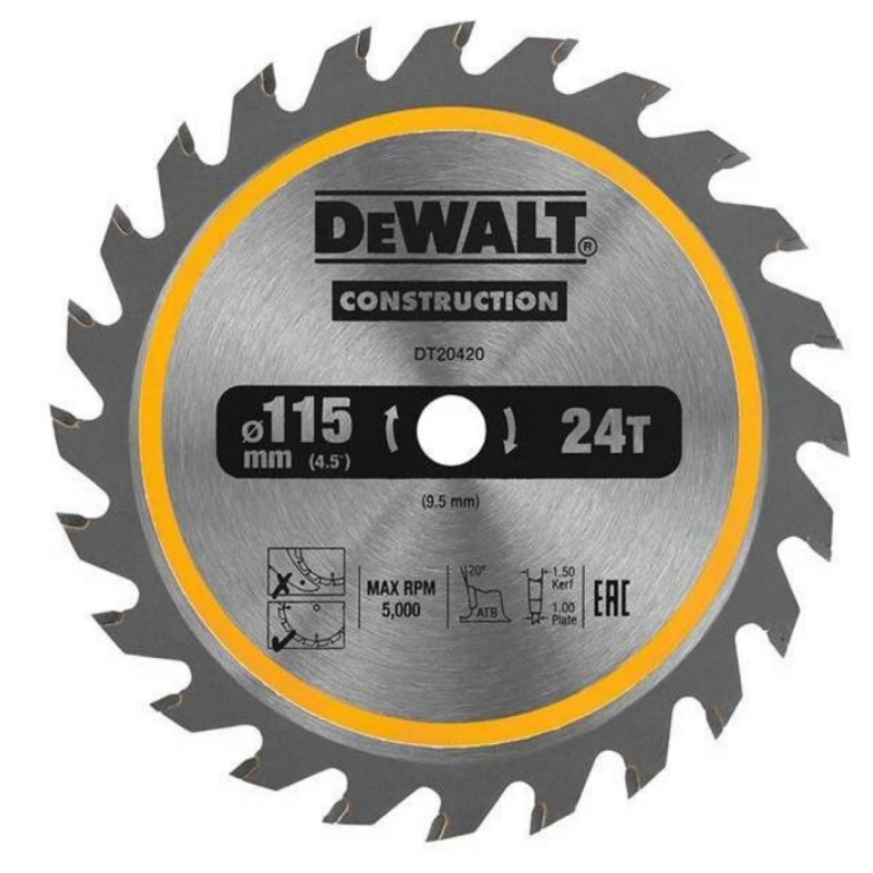 Диск пильный DeWalt Construction по дереву с гвоздями 115x9.5 24T DT20420
