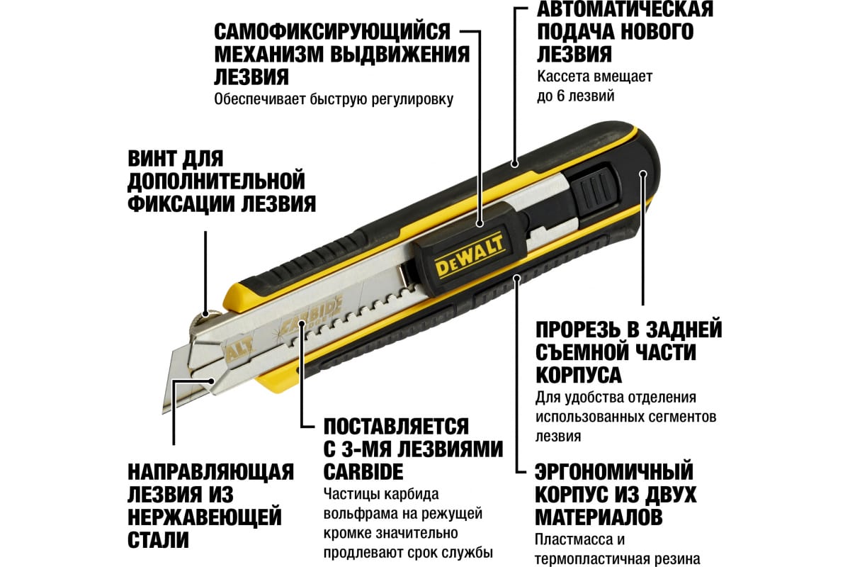 Нож с сегментированным лезвием DeWalt 18 мм (кассетный) +3 лезвия
