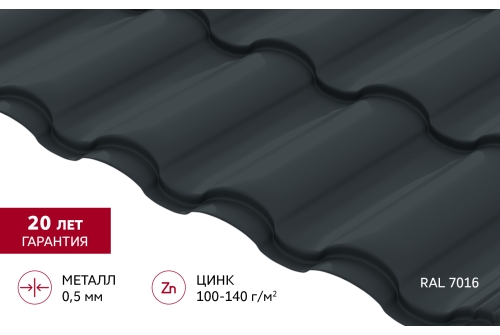 Металлочерепица "Кредо" ("Kredo") v02 0,5 Satin RAL 7016 антрацитово-серый
