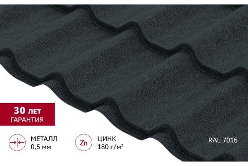 Металлочерепица Классик ("Classic") v01 0,5 PurLite M RAL 7016 антрацитово-серый