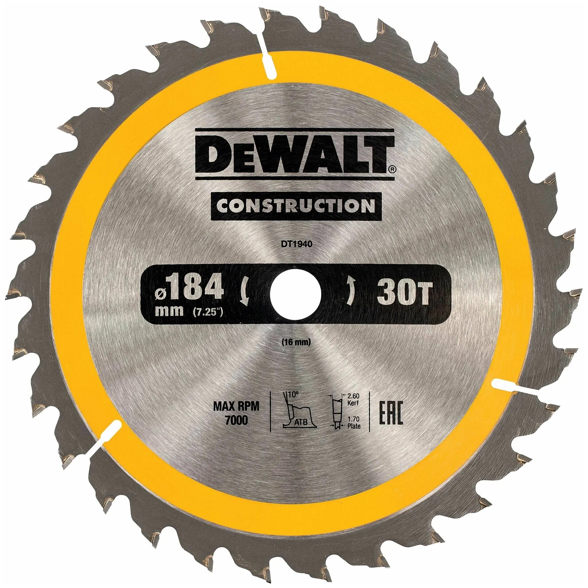Диск пильный DeWalt Construction по дереву с гвоздями 184x16 30T