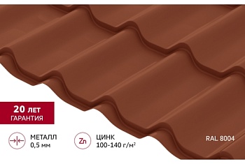 Металлочерепица Классик ("Classic") v02 0,5 Satin RAL 8004 терракота