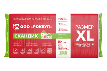 Утеплитель RockWool Лайт Баттс Скандик XL 1200х600х100 (6шт/пач. 4,32м2, 0,432м3, 24пач/пал)